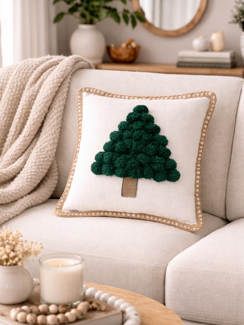 NORDECO HOME CHRISTMAS TREE THROW PILLOW POM POM FARMHOUSE HOLIDAY DECOR